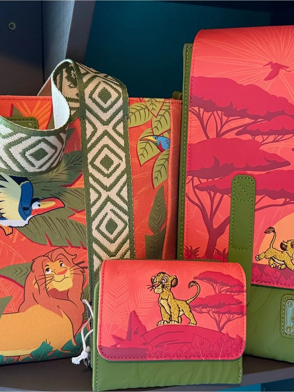 Loungefly Coral Pink and Green Lion King Kids Bag Trio